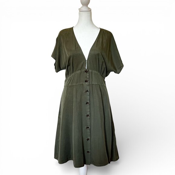 MARINE LAYER Camila Olive Green A-Line Button Front Mini Dress Boho Tie Waist - Picture 3 of 9